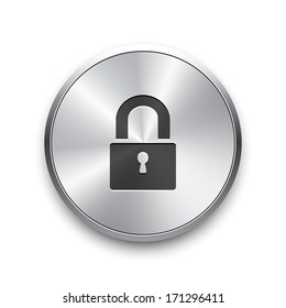Close lock icon on metal button. Vector background. 