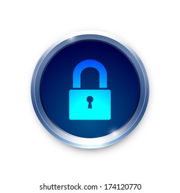 Close lock icon on metal blue button. Vector background. 