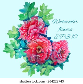 close look image of bunch of roses and leaves in watercolor