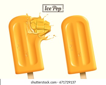 Close up look at mango ice pop, with sliced mango hit in popsicle in 3d illustration