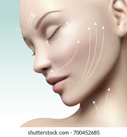 Close up look of model face, elegant model portrait in 3d illustration for medical or cosmetic uses, lifting white arrow mark on her face