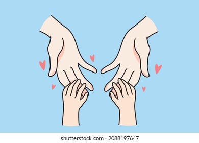 Close up of loving mother hold hands of small kid child show care and support. Little baby son or daughter united with mom feel grateful. Family bond and unity. Motherhood. Vector illustration. 