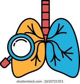 A close up of a lung with a magnifying glass on it. The lung is shown in blue and orange
