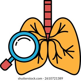 A close up of a lung with a magnifying glass over it. The lung is orange and the magnifying glass is blue. Concept of curiosity and exploration