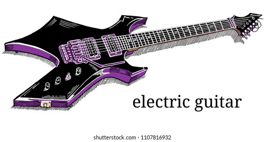 Close up of lying black electric guitar isolated on white background. Hand drawn sketchy style vector illustration. Heavy metal, rock music, concert, festival. Musician, guitarist.