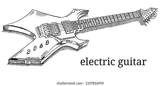 Close up of lying electric guitar. Line art, outline, coloring page isolated on white background. Hand drawn engraving sketchy style vector illustration. Heavy metal, rock music, concert, festival.