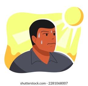 close up of male character sweating on face because hot of a sun. flat vector illustration.