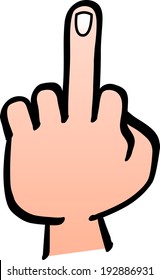 A close up of a male hand making a gesture in which the fist is closed and the middle finger extended upwards