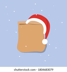 Close up male holds in hand brown  empty craft paper bag for takeaway isolated . Packaging template mock up. Delivery service winter concept. Advertising area. New year. Christmas