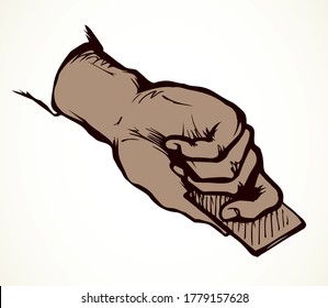 Close up male personal data atm sell e ticket pass finger present id code isolated on white text space. Outline black drawn girl arm show job logo design. Modern art doodle sketch line cartoon style