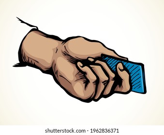 Close up male personal data atm sell e ticket pass finger present id code isolated on white text space. Outline black drawn girl arm show job logo design. Modern art doodle sketch line cartoon style