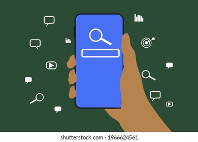 Close up man hand touchscreen on smartphone to use search engine optimization (SEO) tools for find customer or promote and advertise about content online for marketing technology and business concept.