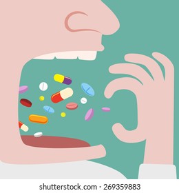 Close up of Man Throw a lot of pills in to his mouth 