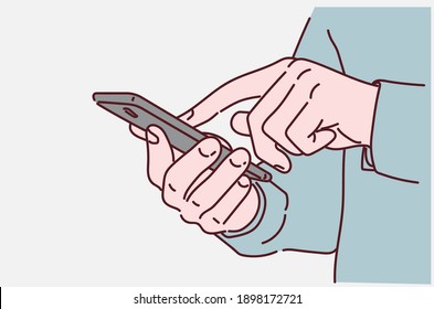 Close up of man using mobile phone. Hand drawn in thin line style, vector illustrations.