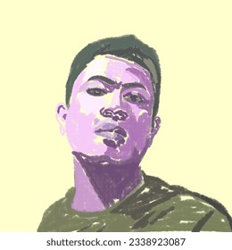 close up of a man's face with a crayon art texture on a yellow background