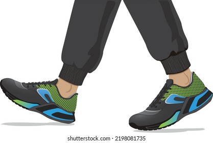 close up of man's feet walking, running, sport. Feet in sports shoes walking, vector illustration isolated on white