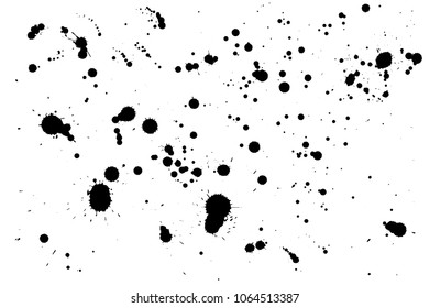 Close up many black paint or ink drop splat stains isolated on white background