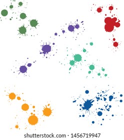 Close up many colorful multicolor paint drop splat stains isolated on white background