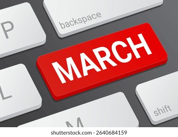 Close up March Button on Computer Keyboard with White Text for Calendar Date and Digital Interface Concept Illustration