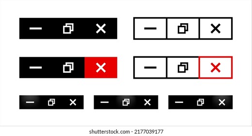 Close maximize and minimize web vector button set. Browser window control buttons flat collection.