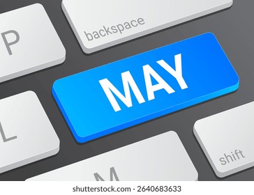Close up May Button on Computer Keyboard with White Text for Calendar Date and Digital Interface Concept Illustration