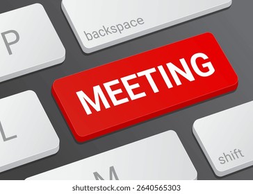 Close Up Meeting Button on Laptop or Computer Keyboard for Online Conference, Collaboration, and 3D Business Illustration