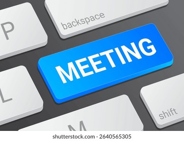 Close Up Meeting Button on Laptop or Computer Keyboard for Online Conference, Collaboration, and 3D Business Illustration