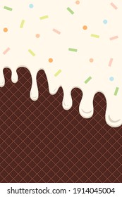 Close up of a melting vanilla ice cream on a chocolate cone with sprinkles in different colours like green, pink, beige, blue and yellow