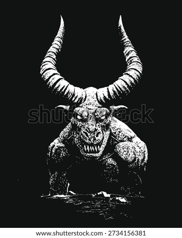 Close up of a menacing horned demon head with sharp teeth against a black background, Print Ready Vector Illustration, Suitable for T-shirt Design, Poster, etc.
