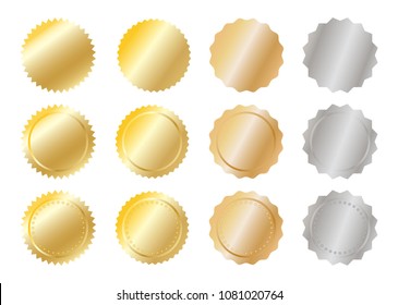 Close up metal achievement and award badges (golden, silver and copper) isolated on white background