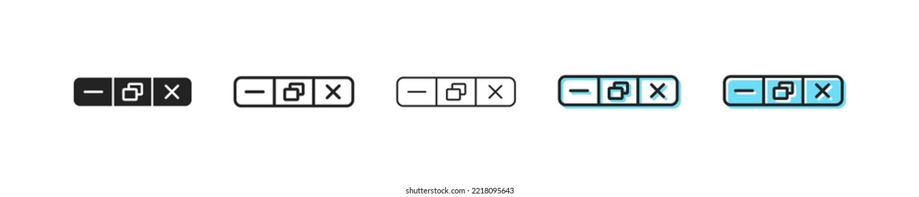 Close, minimize, maximize, icon. Exit vector browser symbol. Simple window bar outline signs. Computer interface element set. Box control web sign. Size, quit, menu, website, flat icons