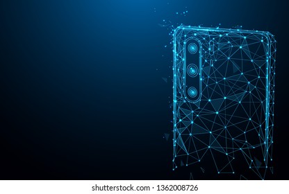 Close up of mobile phone camera from lines, triangles and particle style design. Illustration vector