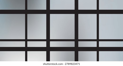 Close up of modern glass window frame featuring black grid design and reflective glass panels
