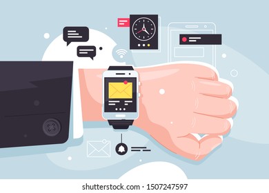 Close up modern mobile smart watch on businessman hand. Concept urban technology of smart application with smartphone connecting, message, alarm clock and wireless network. Vector illustration.