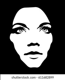 Close up monochrome portrait of girl looking up. Woman face layered vector illustration.