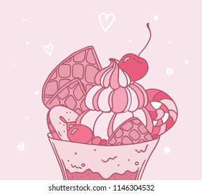 Close up monster pink shake in cocktail glass with cherry. Vector cartoon pastel color illustration of giant milkshake with waffle and candy