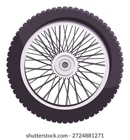 Close-up de uma roda de motocicleta com pneu, raios e cubo, ideal para projetos automotivos e relacionados ao transporte