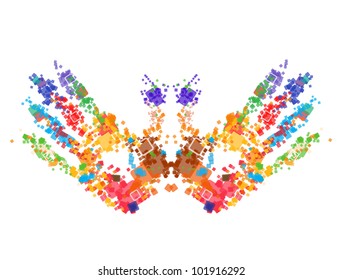 Close up of multicolored hand print on white background