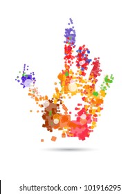 Close up of multicolored hand print on white background