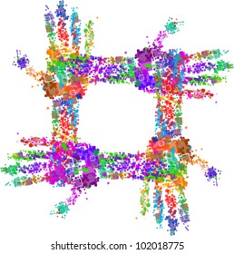 Close up of multicolored hand print on white background