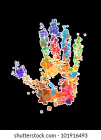 Close up of multicolored Vector X-ray Hand print on black background