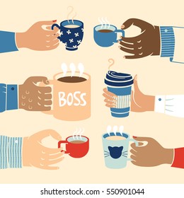 Close up multiethnic business hands holding coffee symbolising working together towards common interests 