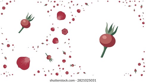 Close up of multiple red rose hips with green stems scattered among red rose petals on clean white surface
