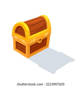 Close the mystery wooden chest. Treasure on white background. Random a secret loot box concept. Vector illustration cartoon flat design.