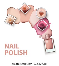 Close up of nail polish with drops of nail polish light pastel shades on white background. Perfect for advertising banners, booklet, magazines. Vector template