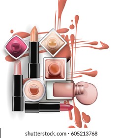 Close up of nail polish with drops of nail polish light pastel shades with lipstick on white background. Perfect for advertising banners, booklet, magazines. Vector template