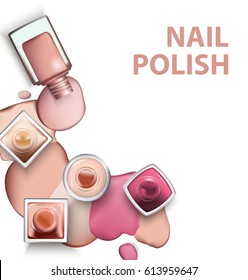 Close up of nail polish with drops of nail polish light pastel shades on white background. Perfect for advertising banners, booklet, magazines. Vector template