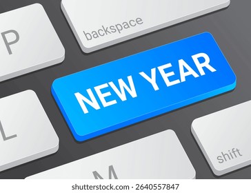 Close up New Year Button on Laptop or Computer Keyboard for Celebration Holiday Party Digital Interface Concept 3D Illustration