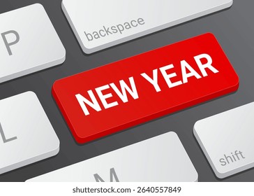 Close up New Year Button on Laptop or Computer Keyboard for Celebration Holiday Party Digital Interface Concept 3D Illustration
