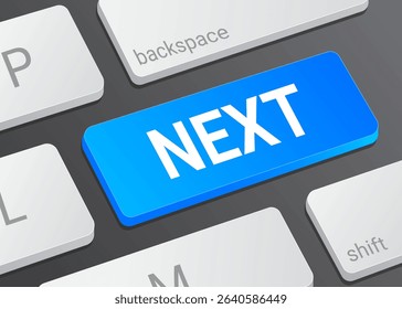 Close Up Next Button on Laptop or Computer Keyboard for Navigation, Forward Action, and 3D Interface Illustration